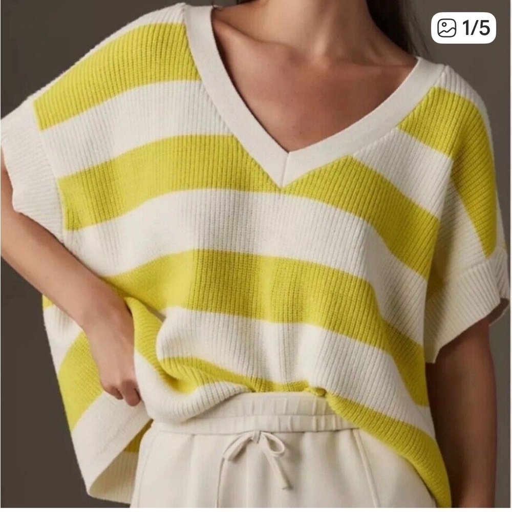 Anthropologie Maeve Striped Short Sleeve Knit V Neck Oversized Sweater Small